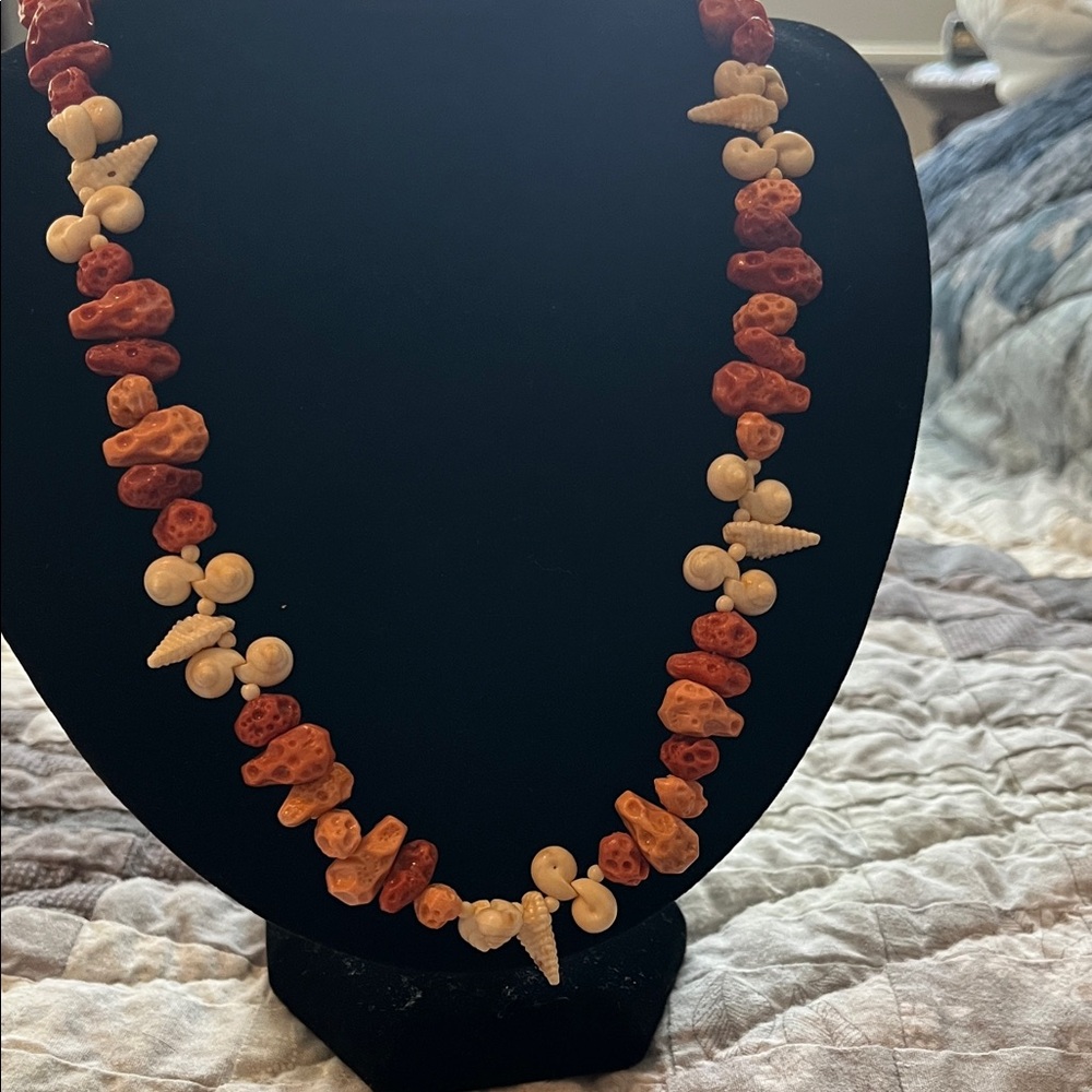 Faux coral lava beaded necklace with faux shells 60’s